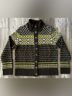 Carve Designs Green White Fair Isle 100% Merino Wool Cardigan Sweater Wo’s XL